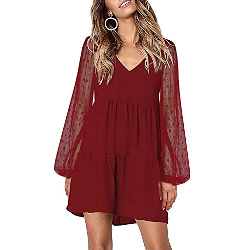 Shakumy Women Lace Mesh Stitching Long Sleeve V Neck Ruffle Dress Casual Loose Swing Tunic Dress Flowy Shift Party Dress #TOP1
