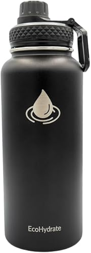 EcoHydrate - Botella de agua deportiva, 32 onzas, acero inoxidable, térmica, térmica, botellas de gimnasio y deportes, color negro