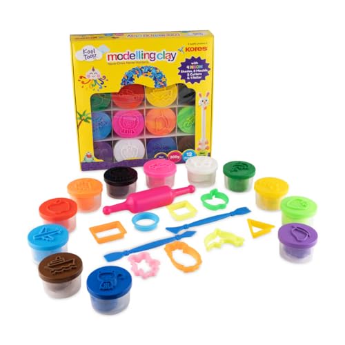 Image of Kores Kool Toolz Modelling Clay - 300g Pack | 12 Vibrant Shades Including 4 Neon Colors | 8 Moulds, 1 Roller & 2 Cutters | Ideal for Kids Aged 3+ | Perfect for Crafting & Return Gifts