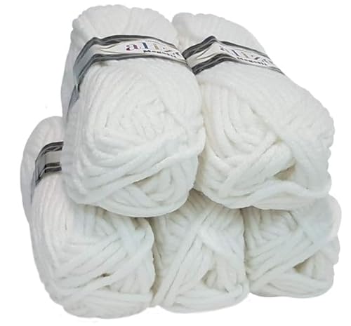 Ilkadim Export Superlana Megafil 5 x 100 gramm Super Dicke Wolle Megafil zum Stricken und Häkeln 500 gramm Paket (Weiss 55)