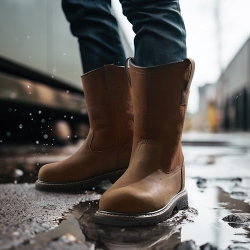 Image of HISEA NINGO Steel Toe Work Boots for Men, Waterproof Wellington Boots | Full-Grain Leather Steel Toe Boots Slip-on, Goodyear Welt, Slip Resistant, EH Protection, for Construction Farming Welding