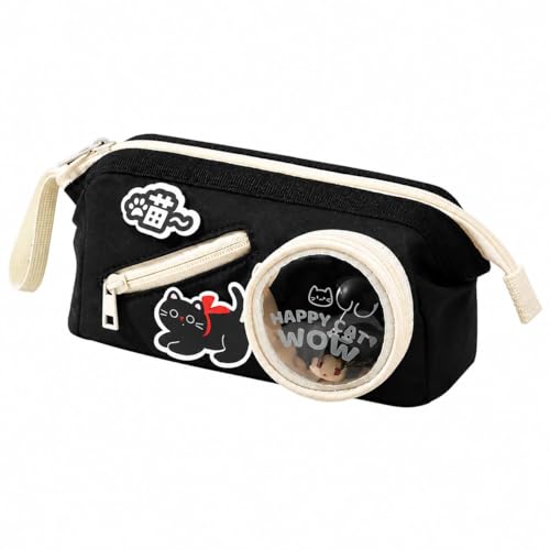 Image of Alokik Happy Cat Black Pencil Pouch for Girls & Boys, Large Capacity Multi-Compartment Zipper Pencil Case with Transparent Display Window & Front Pocket Organizer (Happy Cat - Black)