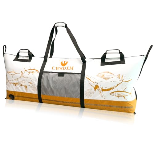CWSDXM Insulated Fish Cooler Bag, 60'' Waterproof Leakproof Fishing Kill Bag with Drain Valve, Zipper and Heavy Duty PVC Marine Cooler for Boat Kayak Offshore Fishing, Keeps Fish Fresh Up to 48H