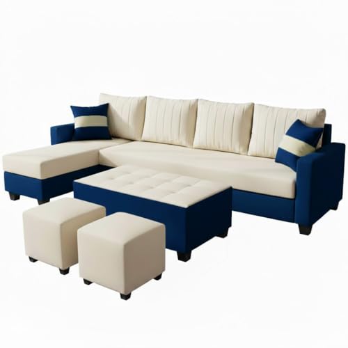Image of FURNY Avenue 8 Seater Fabric LHS L Shape Sofa Set with 1 Centre Table & 2 Puffy (Cream-Dark Blue) Premium Velvet Finish