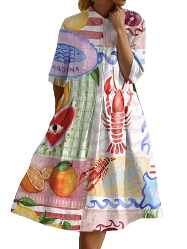 Women Boho Floral Print Pleated Linen Shirt Dress Short Sleeve Button A Line Swing Loose Summer Casual Beach Dress