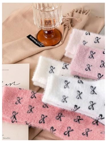 OYOANGLE Women's 5 Pairs Cute Bow Print Fuzzy Crew Socks Soft Warm Coquette Slipper Socks2