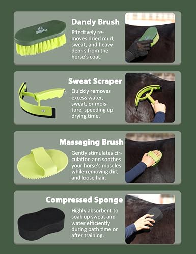 Shinewell Horse Grooming Kit, Complete Horse Brush Set, Equine Grooming Tools for Shedding & Daily Care Green - Image 3