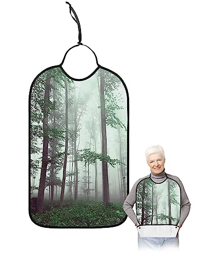 Thanksgiving Adult Bibs for Eating, Waterproof Bibs with Food Catcher & Adjustable Snap Closure, Fall Romantic Teal Maple Leaves Tree Washable Clothing Protectors Adult Bibs for Elderly Women/Men