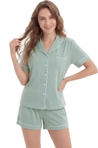 Image of LUBOT 100% Cotton Pajamas for Women 2 Piece PJ Set Button-Down Soft Knit Short Sleeve Summer Sleepwear Loungewear XS-XXL