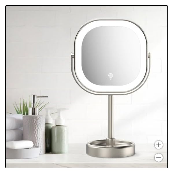 LED Vanity Mirror with Stand, Double-Sided 1x/10x Magnification, 3 Light Settings, 360° Rotation, USB Rechargeable, Brushed Nickel