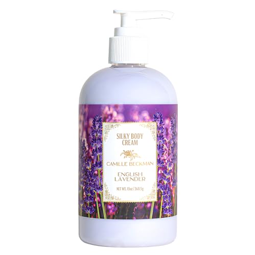 Camille Beckman English Lavender Scented Silky Body Cream, Daily Moisturizer for All Skin Types | Non-Greasy Vegan Formula to Nourish and Soften Hands and Body, 13 Ounce