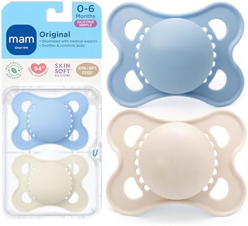 MAM Original Baby Pacifier 0-6 Mths, Skin Soft Silicone Nipple, 2 Pack