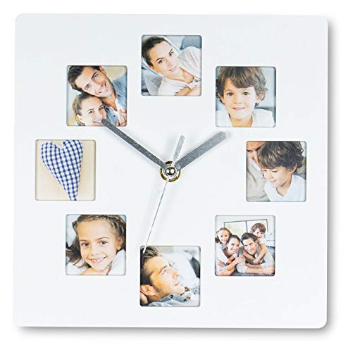 Reloj de pared blanco, 21 x 21 cm, con 8 fotos, marco de fotos, collage, galería, decoración de pared