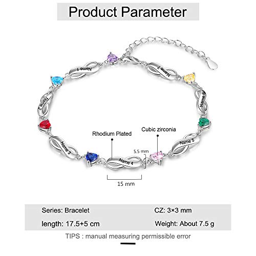 kaululu Personalized Name Bracelet for Women with 1/2/3/4/5/7 Birthstones,Customize 1-7 Names Mother Bracelets,Personalized Gifts for Mom,Grandma Jewelry,Charm Bracelets for Teen Girls,Silver3