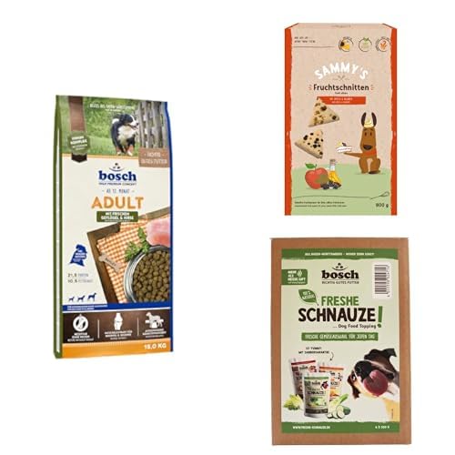 Bundle: Bosch HPC Adult mit frischem Geflügel & Hirse 1 x 15 kg + Sammy´s Fruchtschnitten 1 x 800 g + Bosch Freshe Schnauze - Gemüsekiste Aktionspaket 6 x 200 g