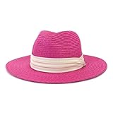 Womens Mens Wide Brim Straw Panama Hat Fedora Summer Beach Sun Hats UPF50+ Rose