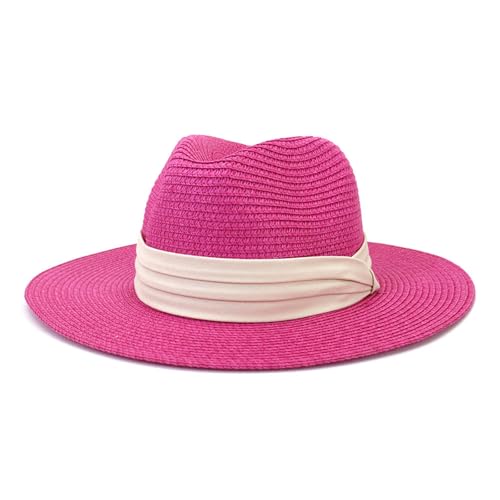 Womens Mens Wide Brim Straw Panama Hat Fedora Summer Beach Sun Hats UPF50+ Rose