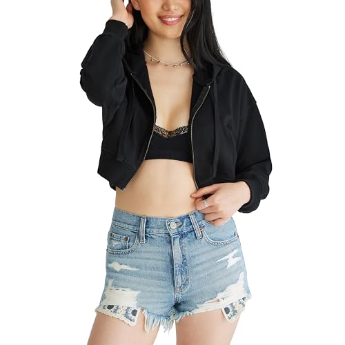Aeropostale Cropped Full Zip Relaxed Fit Hoodie, Dark Black, X-Large