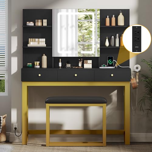 DWVO Vanity Desk with Mirror & Power Outlet, Hidden Storage Shelves, 3 Drawers, Adjustable 3 Lights Modes, Dressing Table Set with Chair, Makeup Table with Stool, Black Upgraded Vanity for Bedroom