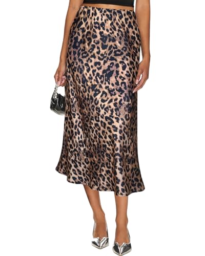 Women's Silk Satin Midi Skirt Elastic High Waisted A-Line Cheetah Print Leopard Long Skirts for Women Trendy
