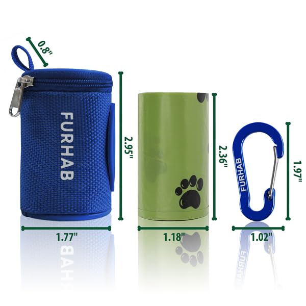 Image of FURHAB Dog Poop Bag Holder for Leash Doggie Waste Bag Dispenser Soft Fabric Puppy Potty Carrier Small Doggy Zipper Pouch with Carabiner Clip 1680D Nylon Oxford with 1 Roll of Pet Trash Bag, Royal Blue
