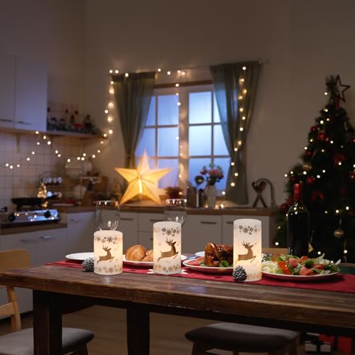 Image of KunSween Christmas Flameless Candles with 6H Timer, 3 Pack LED Flickering Candles with Gold Deer Decals and Real Wax, Christmas Winter Decorations for Home Indoor Table Centerpieces