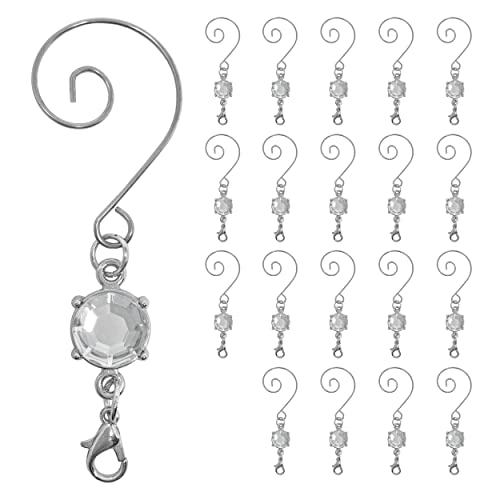 Christmas Ornament Hooks - Set of 20 Clear Crystal Decorative S-Hooks - Silver Wire Hangers for Christmas Tree Decorating - 3 Inches Long