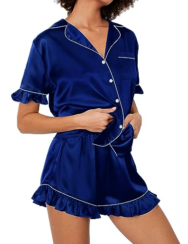 Swomog Women Silk Satin Pajama-Sets Button-Down Pjs Sets Ruffle Hem Sleepwear Short Sleeve Loungewear Two Pcs Pyjamas Navy Blue #TOP30