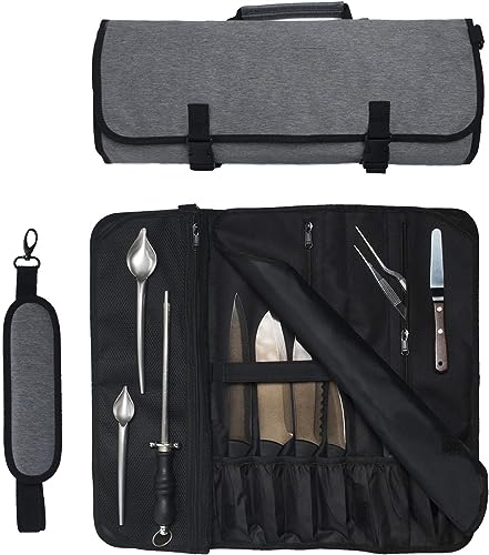 THE WHITE SHOP Chef Knife Bag Roll Up Knife Bag Pouch for Kitchen Utility Tool and Travel Storage, Waxed Canvas Knife Cultery Carrier, Portable Chef Knife Cases, Knife Pouch Holders(16 Pockets)
