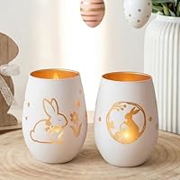 Teelichthalter Glas Weiß (1 Stück), Mattes Oster-Teelichtglas mit Hasen- & Blumen-Gravur, Elegantes Kerzenglas für Votivkerzen, Vintage Kerzenhalter Glas als Frühlingsdeko & Tischdekoration