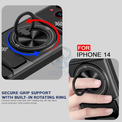 Image of AESTMO iPhone 14 Back Cover | Armor Camera Slider 360 Degree Rotating Finger Ring Holder Case with Bracket Stand Back Case Cover (Compatible with MagSafe Accessories) (Black)