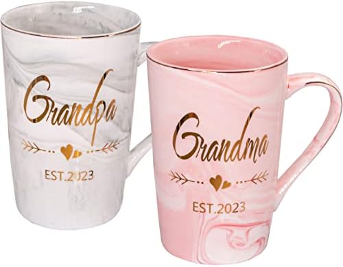 Mugpie Grandma and Grandpa EST 2023 Mugs - New Grandparent Announcement First Time Pregnancy Gifts Coffee Mug Set- Elegant Gifts for Baby Shower Mother's Day Father's Day - 12.5oz Ceramic Coffee Cup