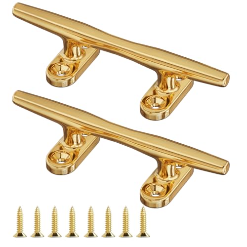 METRAXION Boat Cleat 5 inch 2 Pack Brass Color, Marine Grade 316 Stainless Steel Open Base Golden Dock Cleat, Gold Rope Cleat with Fasteners, Sail Nautical Decor