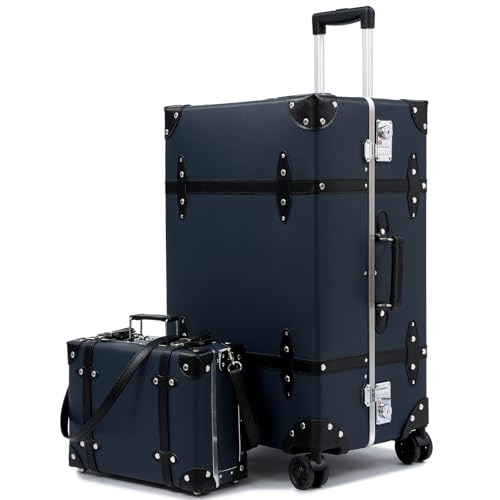 Image of Vintage PU Leather Luggage Set, Retro Trunk Suitcase with Wide Aluminum Frame, TSA Key Locks and Smooth 360 Spinner Wheels (Midnight Navy,26 inch+12 inch)