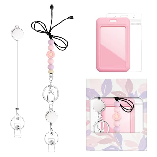 Image of Colorful ID Badge Holder with Silicone Beads Lanyard Set,Cute Teacher Breakaway Lanyard for Keys & Keychain with Cute Retractable Badge Reel Holder,Gift for Women,Nurse, Teacher. (Pink Daisy 1)