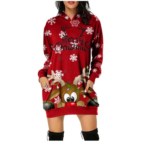 Generisch Strickkleid Damen,Lustige Weihnachten Ugly Christmas Sweatshirt Baumwolle Pulli Rundhals Weihnachtskostüm Hirschkopf Muster Weihnachtskleid...