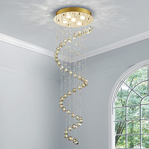 Saint Mossi Modern Chandelier K9 Crystal Raindrop Modern Light Fixture 5-Lights Champagne Crystal Pendant Light Flush Mount Ceiling Light For Dining Room, Living Room, Gold Finish Canopy #TOP3