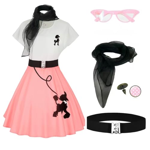 Uezjymi 1950s Poodle Skirts Sock hop Outfits Women 50s Poodle Dress with Belt Glasses Earrings and Scarf(Z3755PK, 2XL)