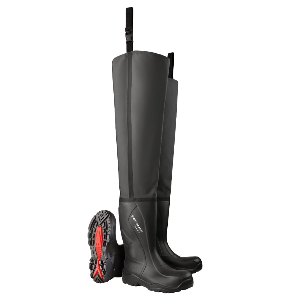 DUNLOP Purofort+ Breathable - Unisex Full Safety Thigh Wader Waterproof Work Boots, Black, Slip-Resistant Thermal Wellies with Steel Toecap and Midsole for Construction, Farm and Fishing - EU42, UK8