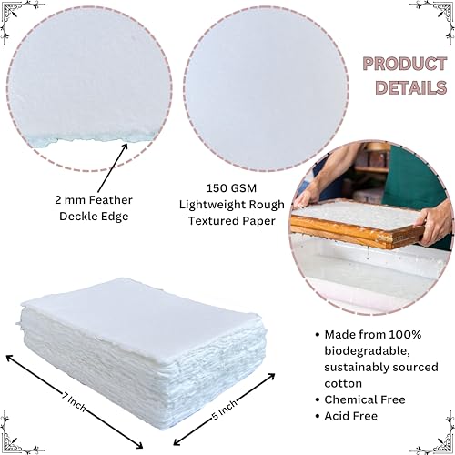 Handmade Cotton Paper with Deckle Edge Recycled Cotton Rag Mixed Media Card Stock for Postcards, Invitations, Crafts and Announcements (5x7 inch B6, 150gsm, 50 Pack) - Thumbnail 3