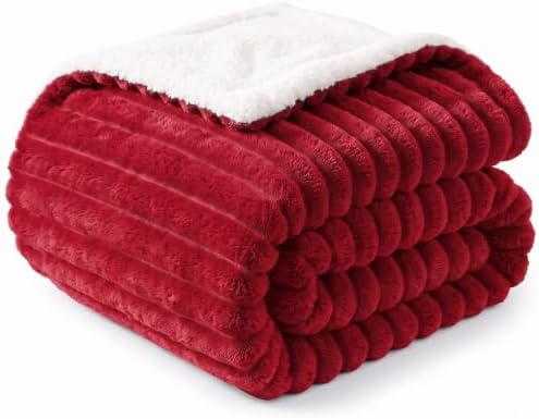 WAVVE Kuscheldecke Flauschig Decke Rot 220x240 | Doppelseitig Sherpa Fleece, Dicke Korddecke, Weich Sofaüberwurf, Warm Wohndecke für Couch, Schlafzimmer, Waschbar