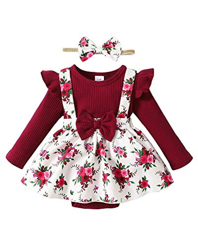 Image of HIGHUZZA Baby Girl Winter Clothes Toddler Girl Spring Outfit Long Sleeve Ruffle Romper Suspender Skirt Headband Set