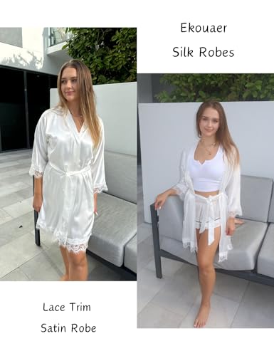 Image of Ekouaer Womens Silk Robes Short Lace Trim Satin Bride Bathrobe with Pockets