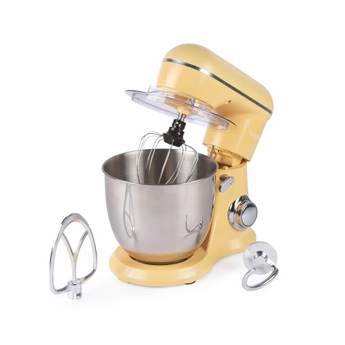 Salter British Bakes Stand Mixer – 5L Food Mixer for Baking, 1300W, 10 Speeds, Easy Control Dial, Removeable Splash Guard, Yellow Electric Kitchen Appliance with Whisk, Dough Hook and Beater