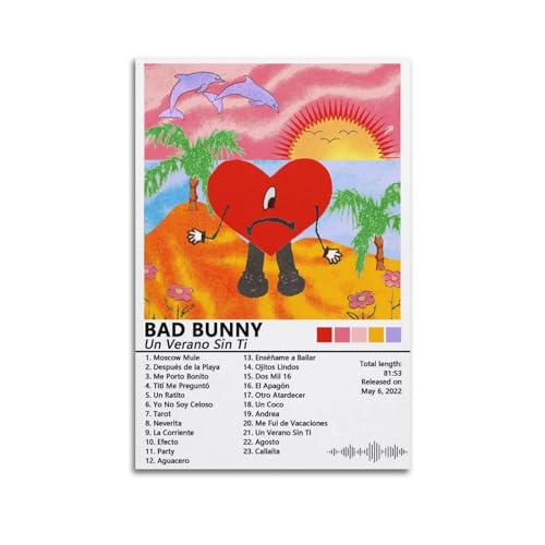 AYUBQ Póster con portada de álbum de Bad Bunny, para dormitorio, decoración artística de pared, álbum musical, 30 x 45 cm, sin marco