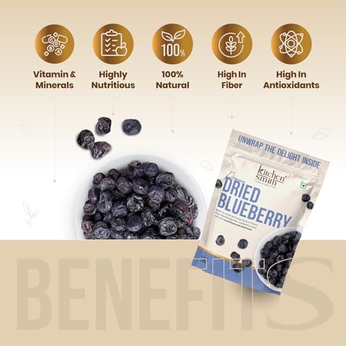 Image of KitchenSmith Dried Blueberry Seedless - Pack of 3 (250gm Each) | USA Origin - Dried Blueberries | Rich In Calcium, Vitamin K & Boost Immunity