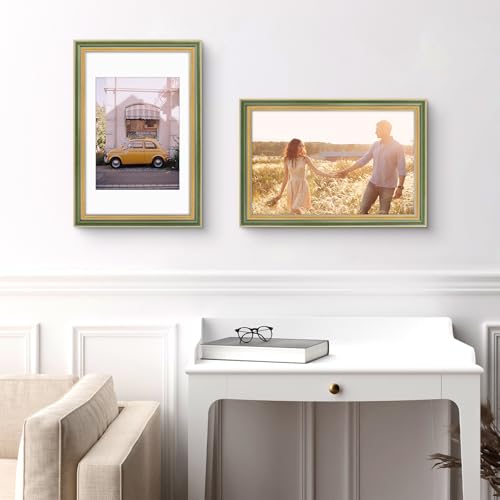 Image of Golden State Art,11x17 Ornate Picture Frame for 9x12 Photo with Mat or 11 x 17 Prints without Mat,Real Glass Wall Display(Color:Green Gold)