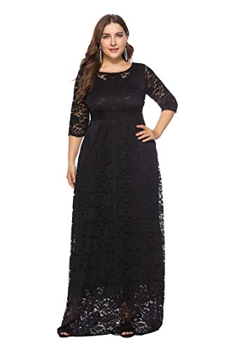 Shmily Girl - Damen Übergröße Abendkleid Spitze Chiffon mit 3/4 Ärmel Elegant Lang Ballkleid Rundhals Eine Linie Maxi Midi Langes Kleid mit Taschen (Schwarz, XXL)
