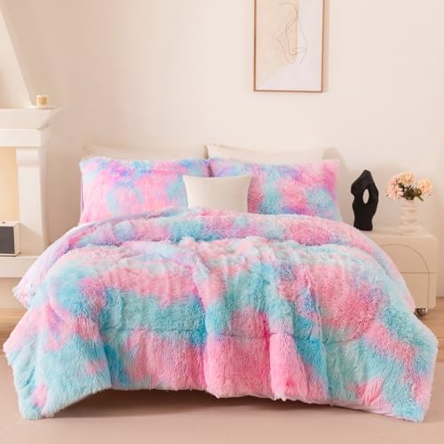 Rainbow Faux Fur Plush Comforter Set - Full/Queen