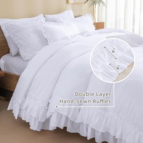 Image of QSH White Ruffled Comforter Twin Size,3PCs Farmhouse Shabby Boho Chic White Bedding Comforter Twin Vintage Lightweight Fluffy Microfiber Bedding Set